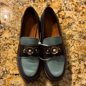 Coach Teal and Brown Loafers with Floral Detail